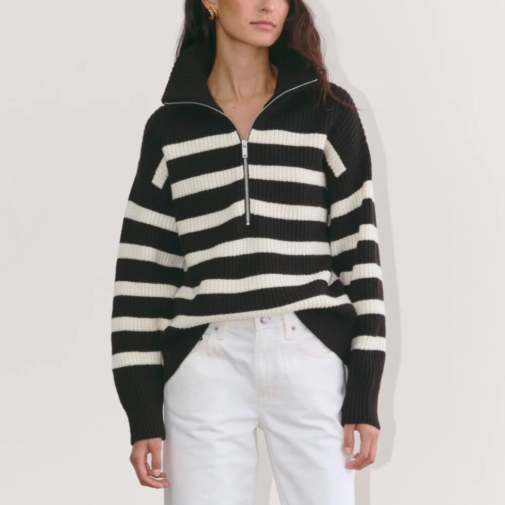 Everlane The Half-Zip Sweater in Luxe Merino in Black / Bone, Size XS